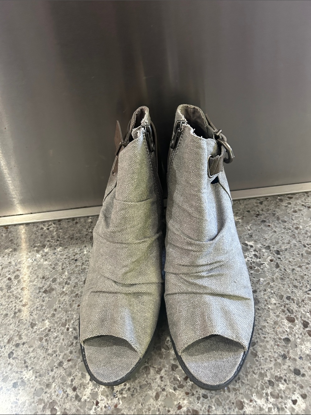 Blowfish Gray Open-Toe Ruched Ankle Mules